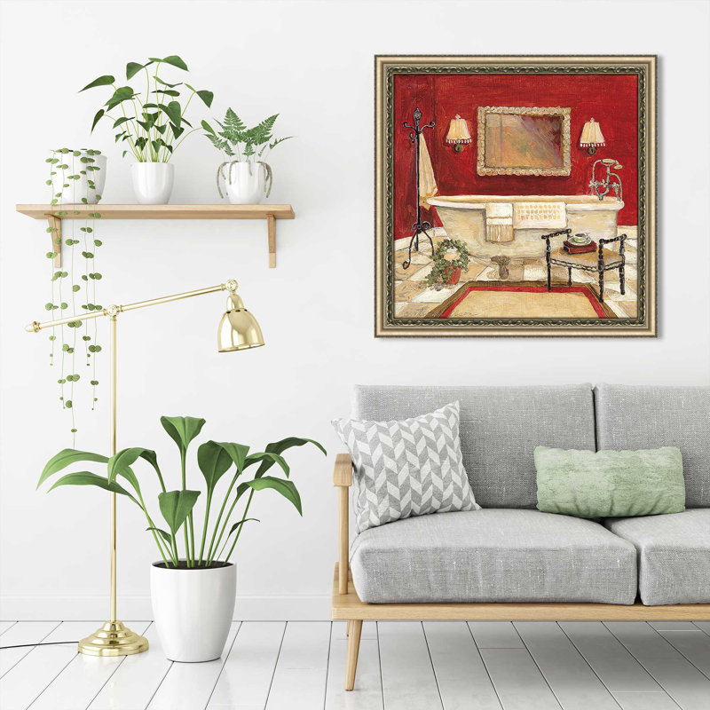 «Salon Rouge IV» par Charlene Olson, H 37,5 po x l 37,5 po x P 1 po, Encadrement champagne