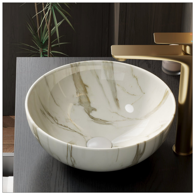 14-Inch Ceramic Bathroom Vessel Sink with Stone Pattern, Durable and Stain-Resistant for Modern Bathrooms