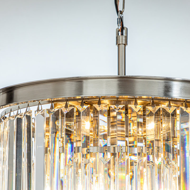 6-Lights Modern 3-Tier Round Fringe Crystal Chandelier, Satin Nickel