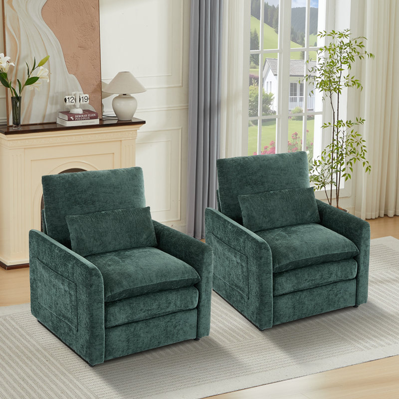 Modern Upholstered Accent Chair With Lumbar Pillow (Set of 2), Green