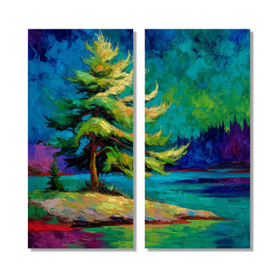 «Vibrant Green Pine Trees Morning Sun», impression sur toile de pin, décoration murale nature verte 2 pièces