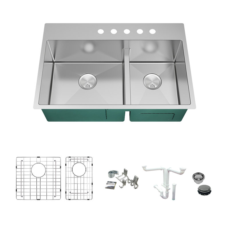 Évier de cuisine à double cuve avec filtre à panier L 33 po x l 22 po Diamond Micro, 5 trous