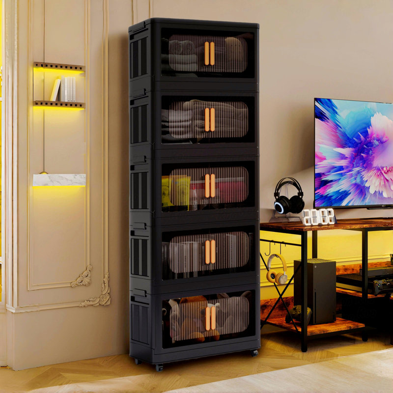 Armoire de rangement pliante à 5 niveaux avec roulettes et portes transparentes