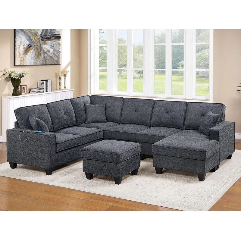 Chenille Sectional Set With Ottoman, Dark Gray Chenille