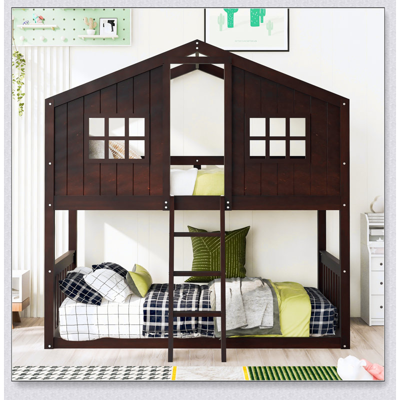 Twin Over Twin House Bunk Bed With Ladder, Wood Bed, Espresso