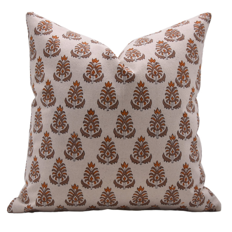 Housses de coussin en coton épais à imprimé bloc, fabriquées à la main (Kalash, orange), H 14 po x l 14 po