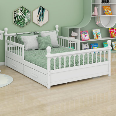 Safe & Sturdy Wooden Kids Platform Bed with Safety Guardrails & 2 Storage Drawers