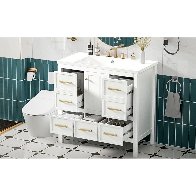 Meuble-lavabo de 36 po avec lavabo en résine - bois massif et 5 tiroirs, Blanc