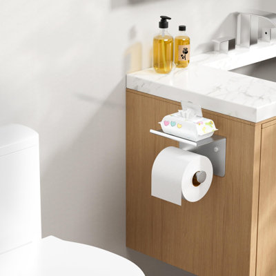 Toilet Paper Holder With Shelf, Adhesive Or Screw Wall Mount Toilet Roll Holder For Bathroom, Rustproof 304 Stainless Steel Commercial Toilet Tissue Holder With Storage, Brushed Nickel