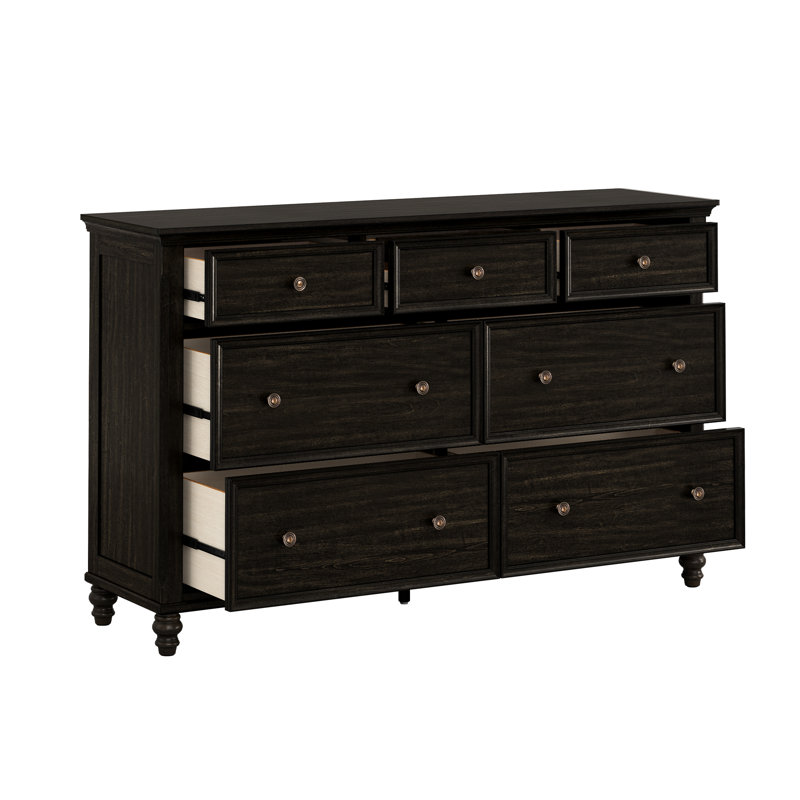 Commode moderne du milieu du siècle, 65 po de largeur, 7 tiroirs en bois massif avec tiroir à bijoux dissimulé doublé de feutre.