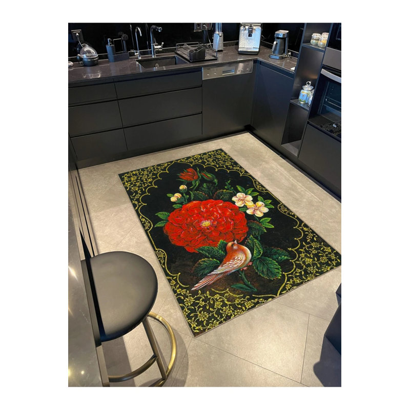 Tapis tissé avec motif rose et tapis lavable, Rectangle 4 pi x 5 pi 11 po