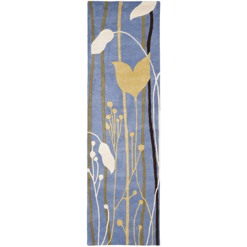 Tapis bleu à motif floral en laine touffeté à la main Avayah, Tapis de couloir 2 pi 6 po x 8 pi