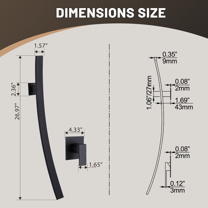 26.97" Creative Solid Brass Wall Mounted Bathroom Sink Faucet, Single Handle Waterfall Basin Faucet, Matte Black
