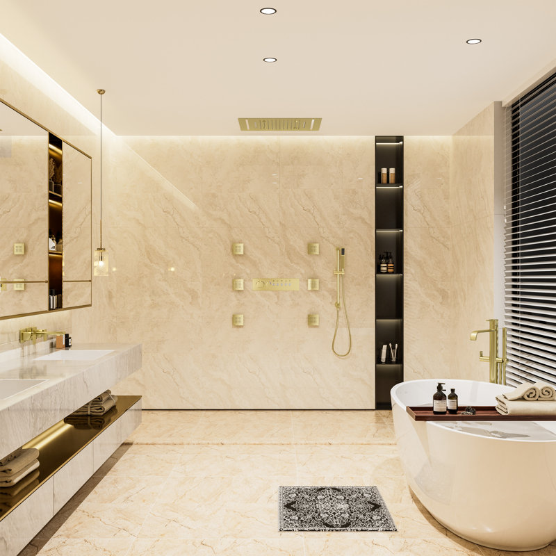 Système de douche complet thermostatique encastré au plafond avec lumières DEL, jets de corps et barre coulissante, Or brossé