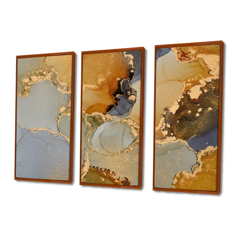 "Brown and Black Luxury Abstract Fluid Art", 3 pièces, cadre flottant, impression sur toile, L 28 po x H 36 po, Brun