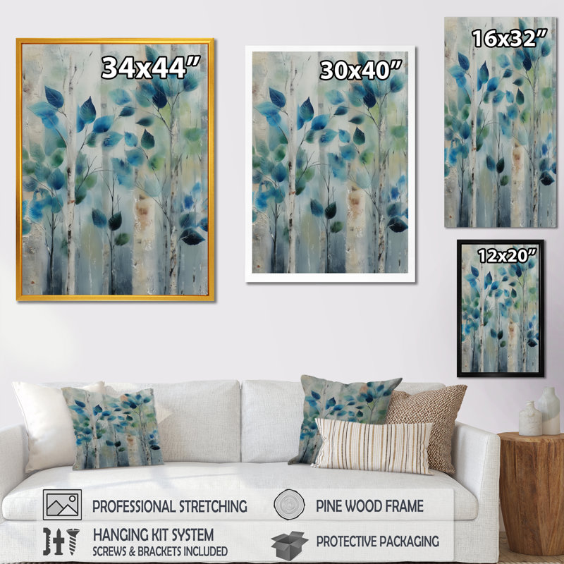 «Green Blue Herbs Minimalisme - Plantes», art mural encadré botanique bleu, H 32 po x l 24 po, Toile tendue