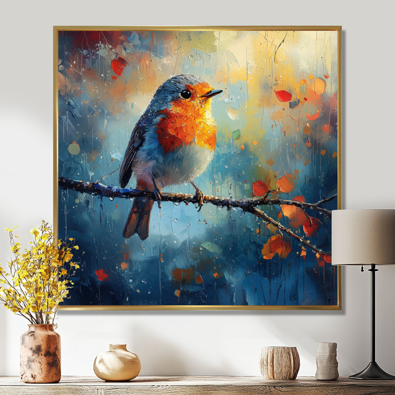 Oiseau Robin dans la rosée du matin - Art mural oiseau, Impression encadrée flottante, H 16 po x l 16 po, Doré
