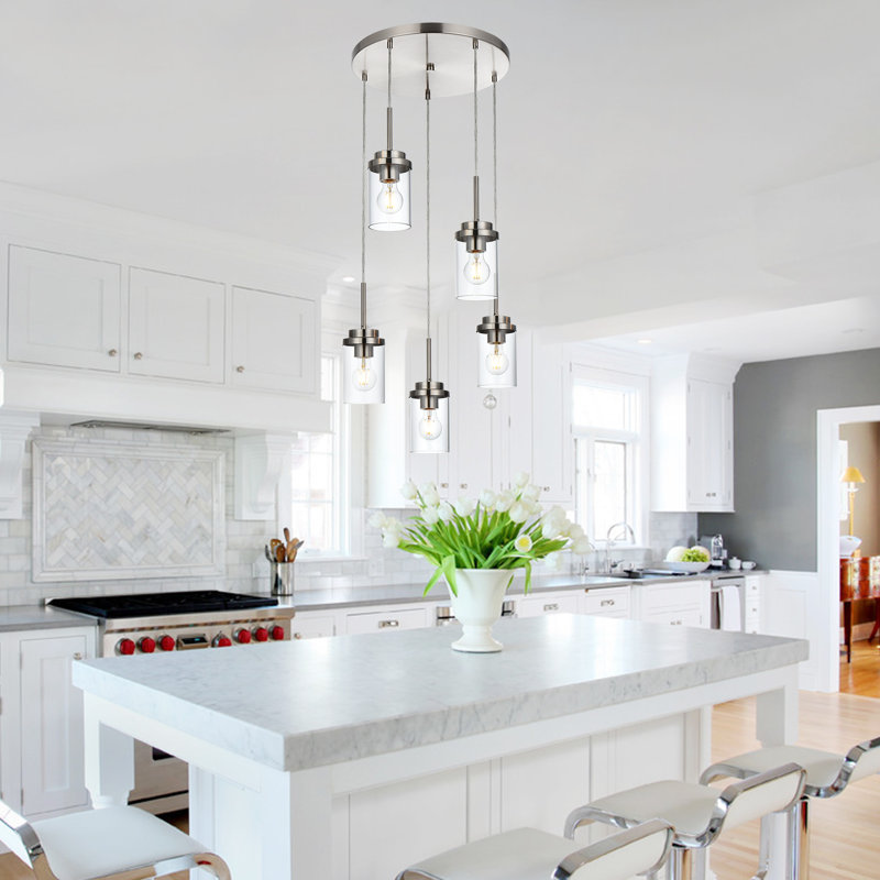 Luminaire suspendu pour îlot de cuisine 5 lumières Ashvir, Nickel brossé