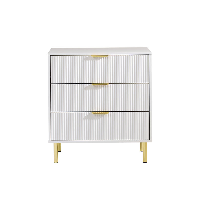 Aizley White Gloss Ribbed Chest of Drawers with Gold Legs & Handles – 3 Drawer Fluted Dresser (71cm Wide), White
