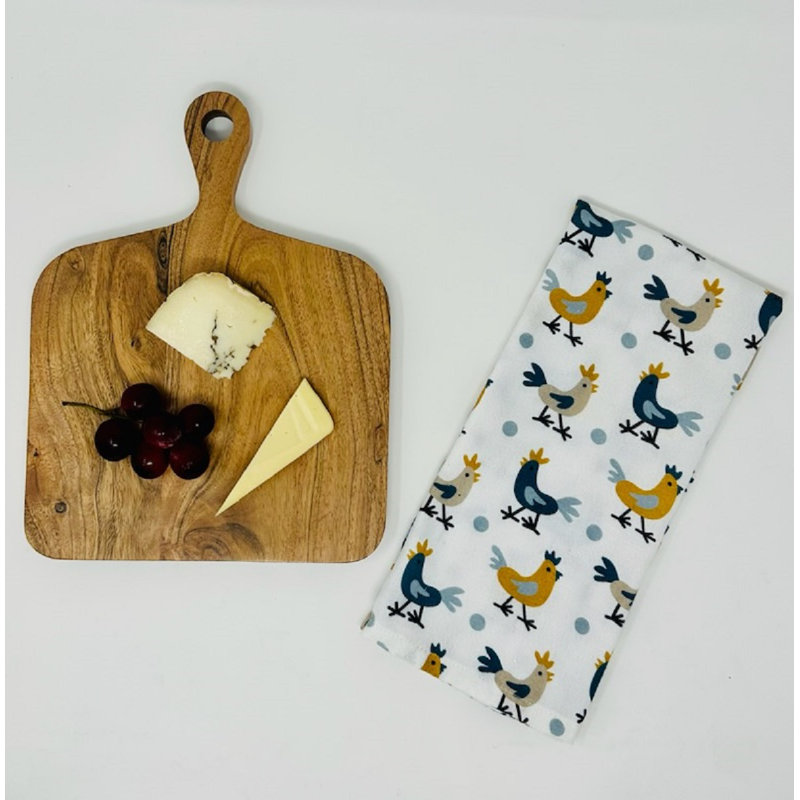Square Cutting Board With Multi Coloured Rooster Tea Towel