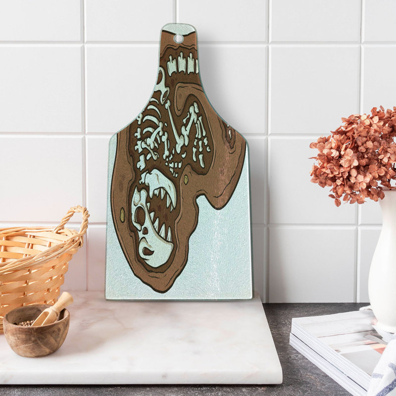 Ambesonne Dinosaur Tempered Glass Cutting Board T-Rex Fossil in Ground Brown White
