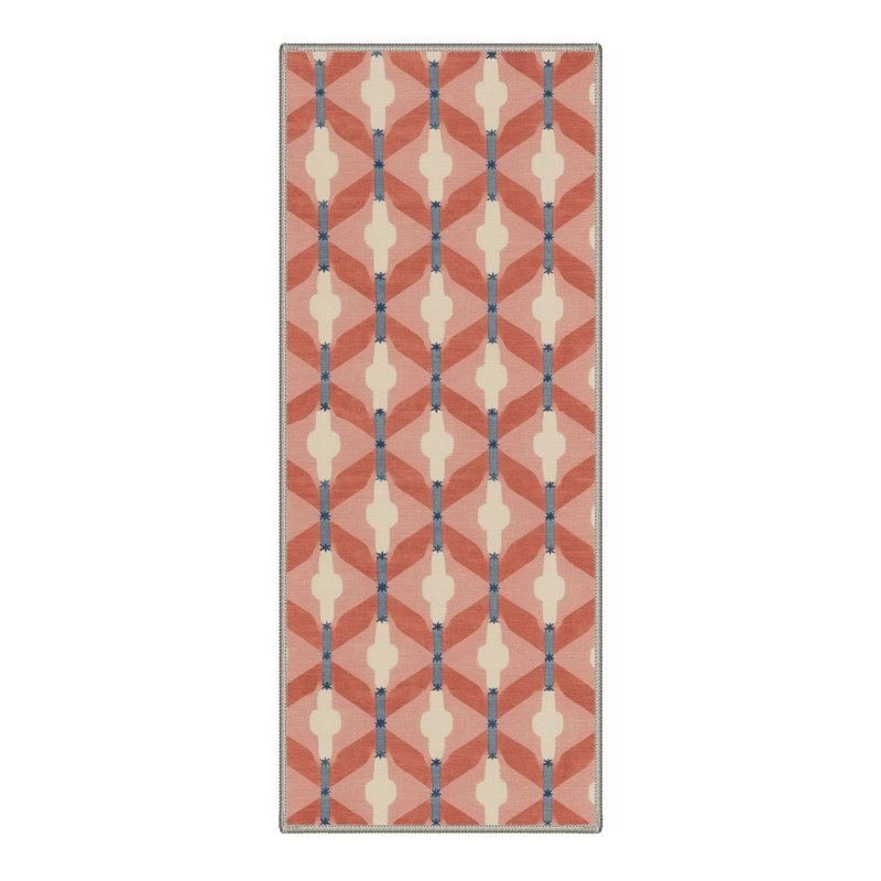 Modern Striped Machine Washable Red / Beige / Blue Indoor Area Rug with Non-Slip Backing, Runner 2' x 6'