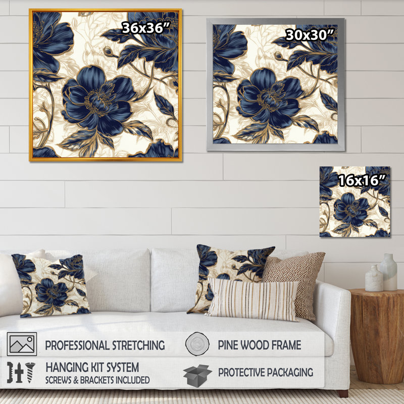 Décoration murale pivoines bleues et dorées célébration VII, H 16 po x l 16 po x P 1 po, Cadre flottant noir