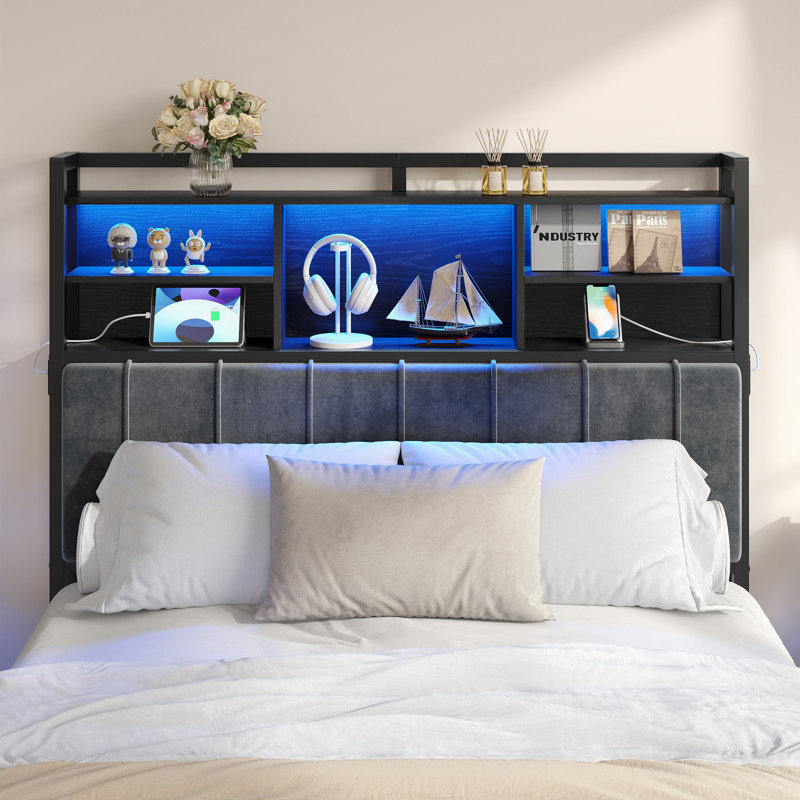 Tête de lit avec tablettes de rangement à 3 niveaux, tête de lit tapissier en velours avec 2 prises, ports USB et lumière DEL, dossier souple