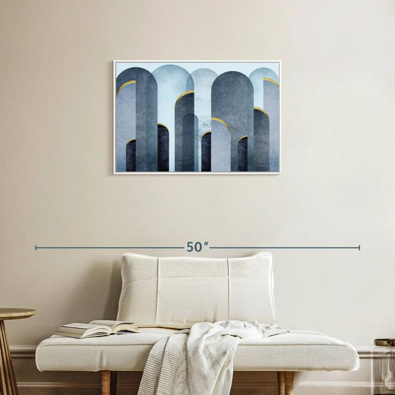 Arches bleu Mid-Century, Cadre flottant blanc, 31 po x 21 po