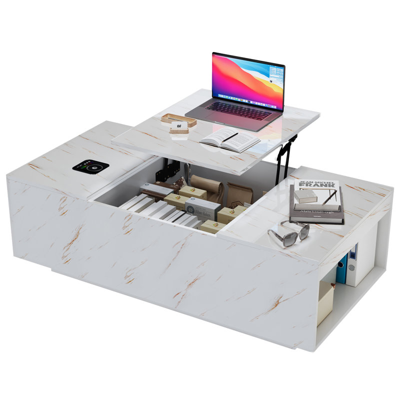 47.2-Inch Large Lift Top Coffee Table, Modern High Glossy LED Coffee Table With One Sliding Drawer & Hidden Compartment, Wireless Charging & Speaker, Marble Coffee Table For Living Room, Office