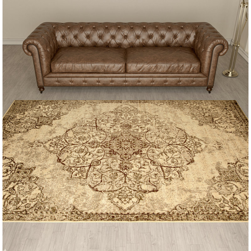 Tapis intérieur / extérieur en laine Anhua beige / brun Anizon, Rectangle 5 pi x 8 pi