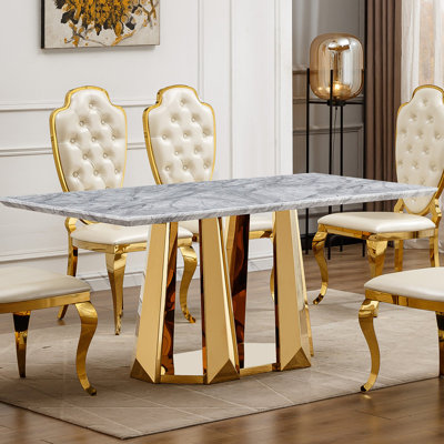 Table de salle à manger en marbre pour 6 personnes, table de salle à manger rectangulaire en faux marbre avec base en acier inoxydable à finition miroir, table de cuisine moderne en marbre de grande taille (table seulement)