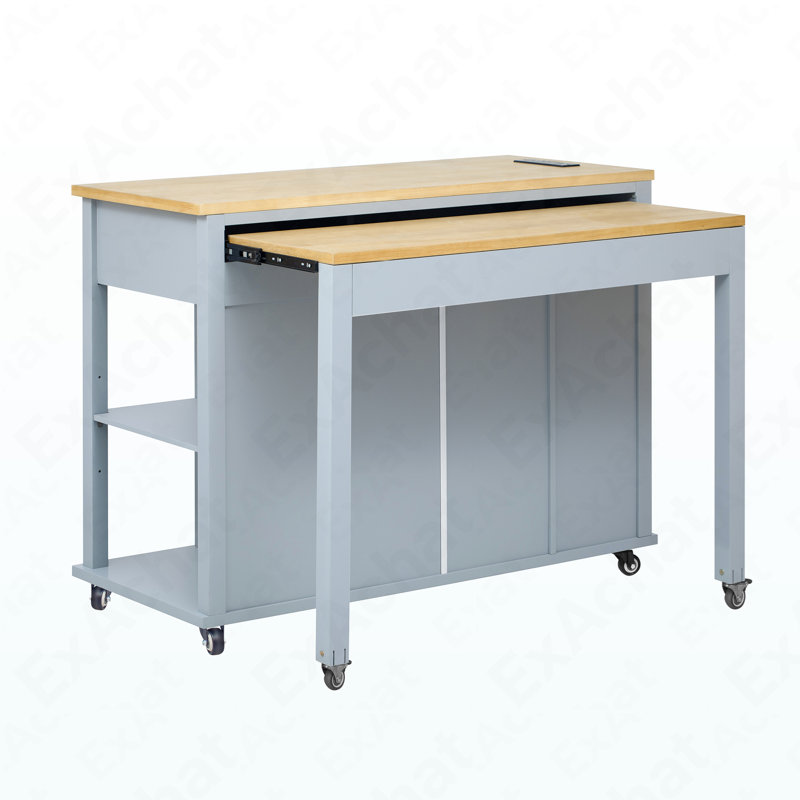 47 Inch Kitchen Island With Extendable Dining Table, Rubber Wood Veneer Kitchen Table With Internal Storage Rack, Power Outlet, Kitchen Island With Storage 2 Drawers 2 Cabinet,Grey Blue