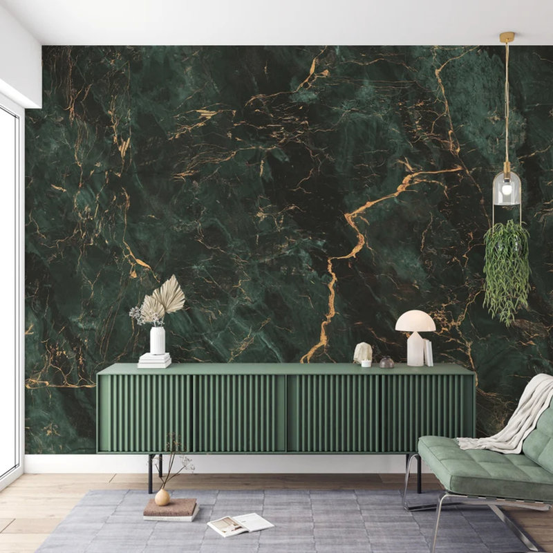 Murale en marbre vert émeraude avec veines dorées, L 138 po x l 105,96 po