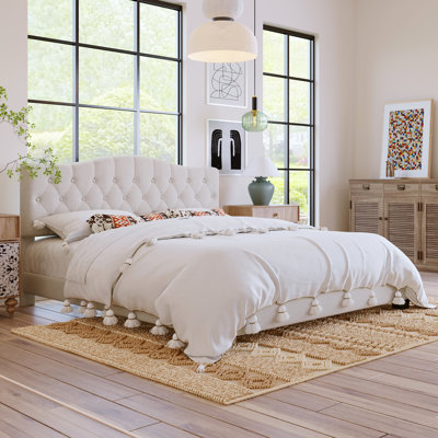 Upholstered King Platform Bed Wooden Slats Curved Adjustable Headboard Bedroom