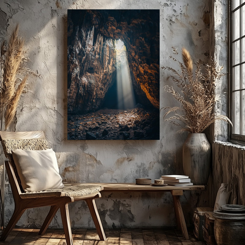 Toile, une captivante scène de grotte illuminée par une lumière éthérée douce, art mural en continu à travers une ouverture naturelle au-dessus de la toile