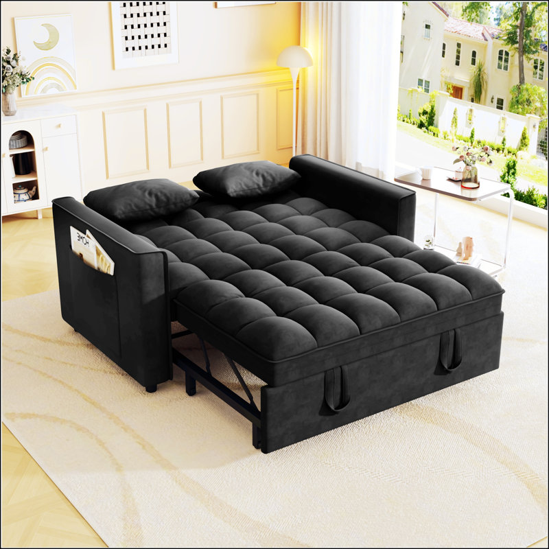 Canapé-lit convertible moderne en velours avec lit escamotable, idéal pour les petits espaces et le salon polyvalent, noir