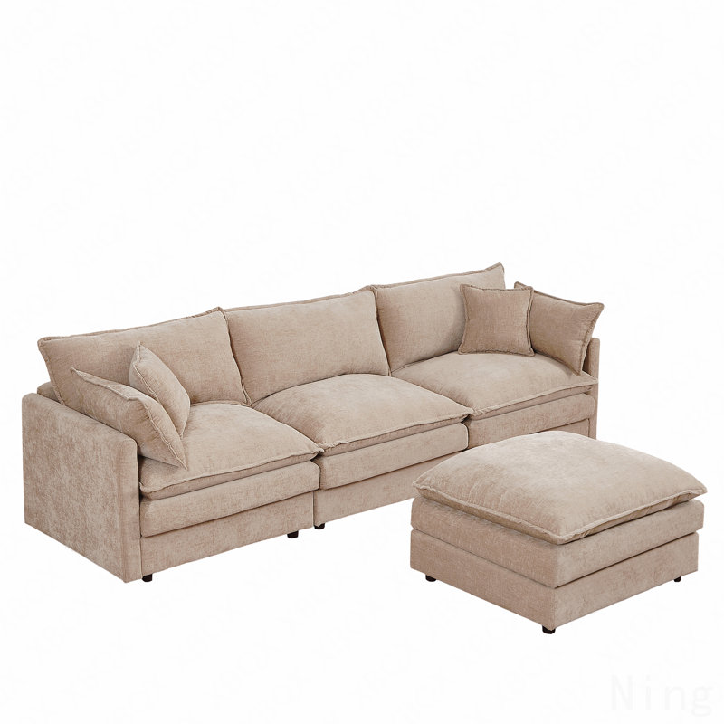  3-Seater Modular L-Shaped Chenille Sectional Sofa with Removable Ottoman - Coffee, Coffee