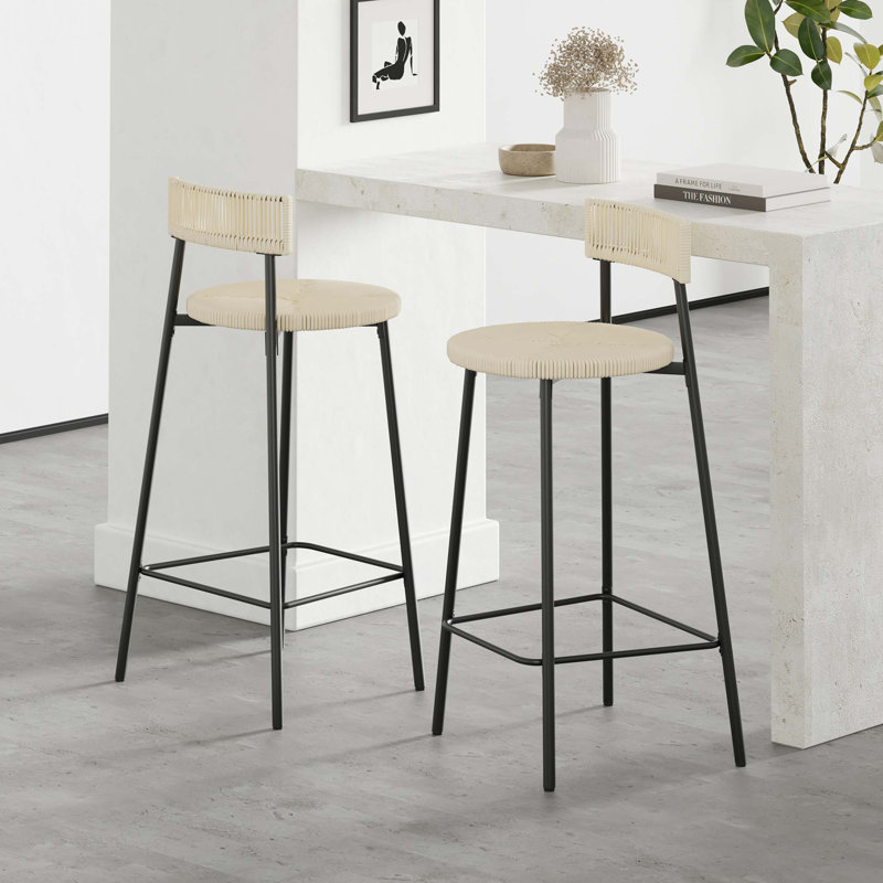 Ensemble de 2 tabourets de comptoir, tabourets de bar en corde de papier tissés à la main Boho, Blanc crémeux