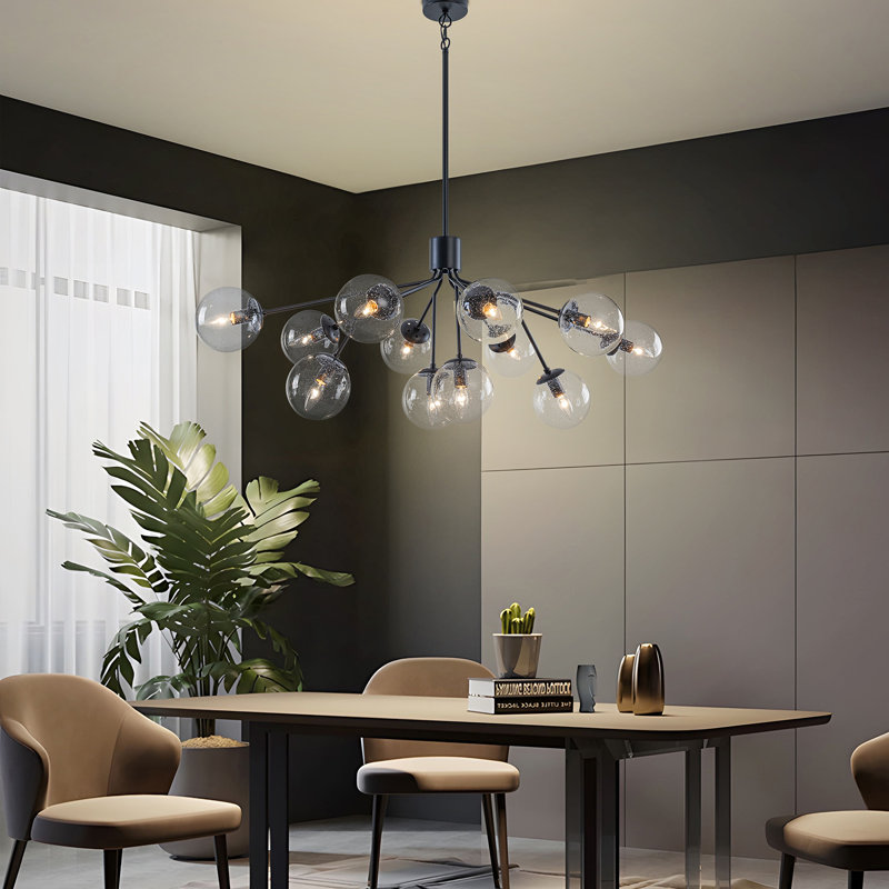 Lustre spoutnik 12 lumières noir moderne avec globes en verre bullé, Noir mat