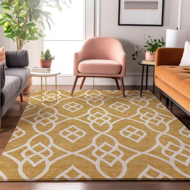 Premium Machine Washable Prisco Gold Rug, Rectangle 2'6" x 3'10"