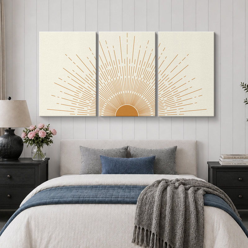 «Bright Mid-Century Modern Orange Minimal Sun ShineArt Boho Decor», ensemble de 3 reproductions sur toiles encadrées