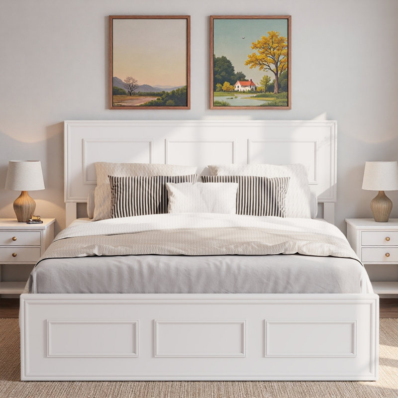 Lit plateforme en bois avec tête de lit à hauteur réglable et panneaux géométriques, White, Full / Double