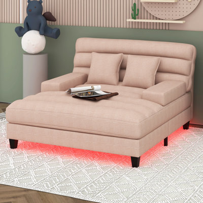 57.1" Sofa Bed, Modern Chaise Lounge Sofa, Chenille Upholstered Lounge Sofa Chair With Adjustable Backrest And LED Light Strip