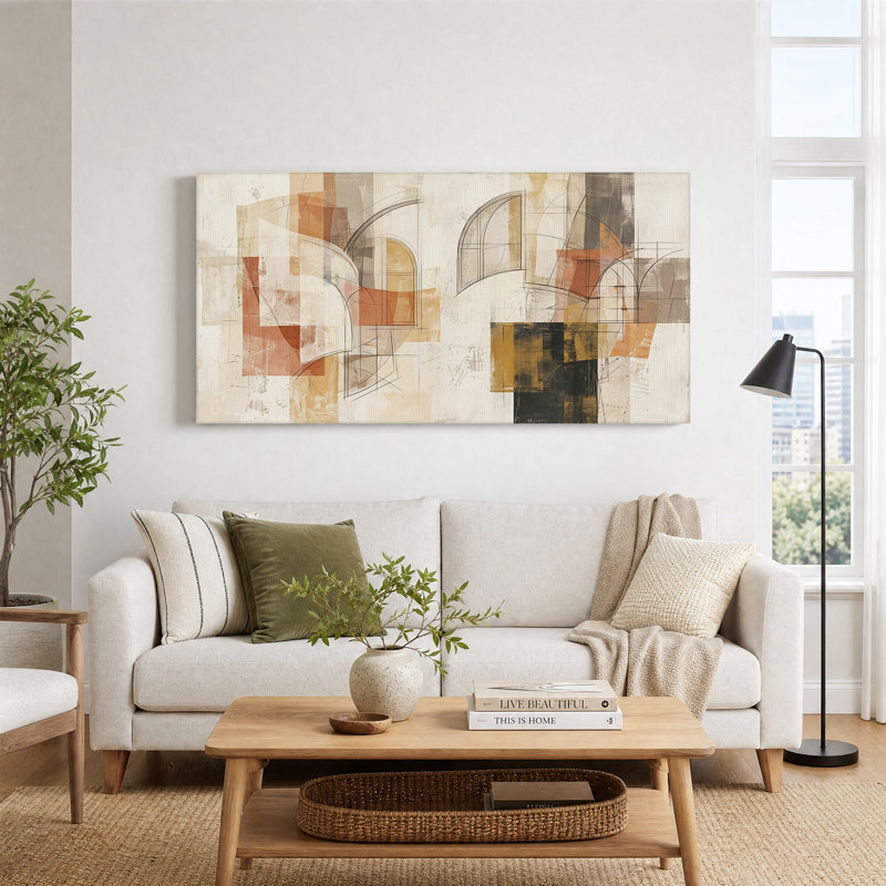 Composition géométrique abstraite sur toile rouille et beige, 46“W x 24”H