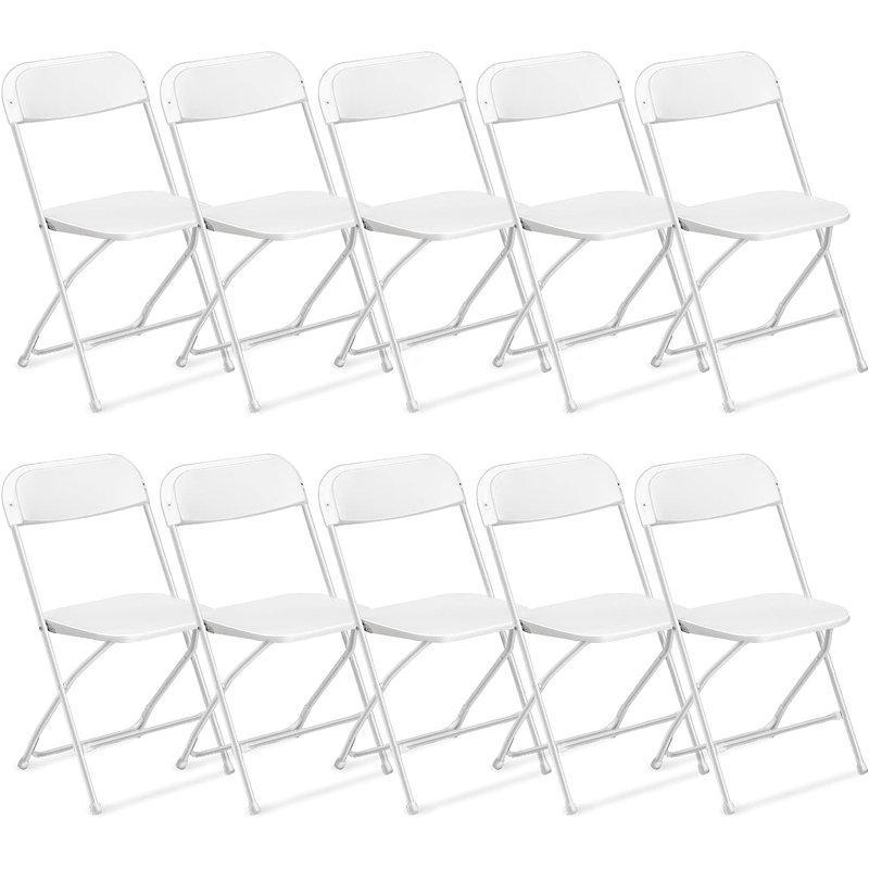 Paquet de 10 chaises pliantes en plastique, capacité 350LB, chaises portatives empilables avec structure en acier, blanc