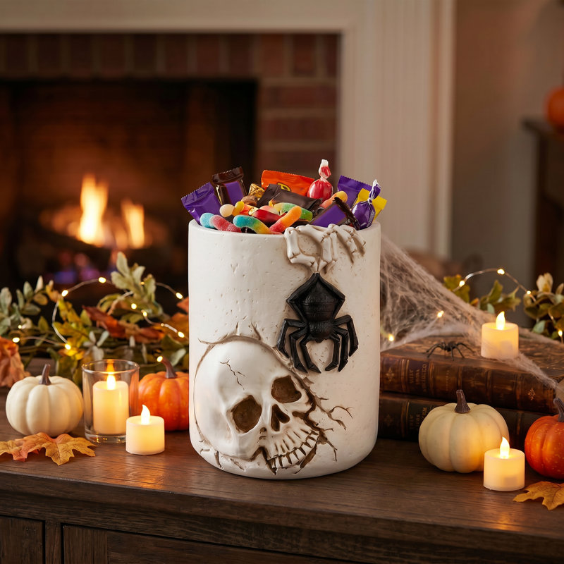 Pot de rangement décoratif en résine avec crâne, araignée et os d'Halloween