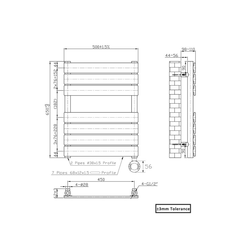 Flat Panel Towel Rail Heated Towel Rails, Black, 65cm H x 50cm W x 6.2cm D