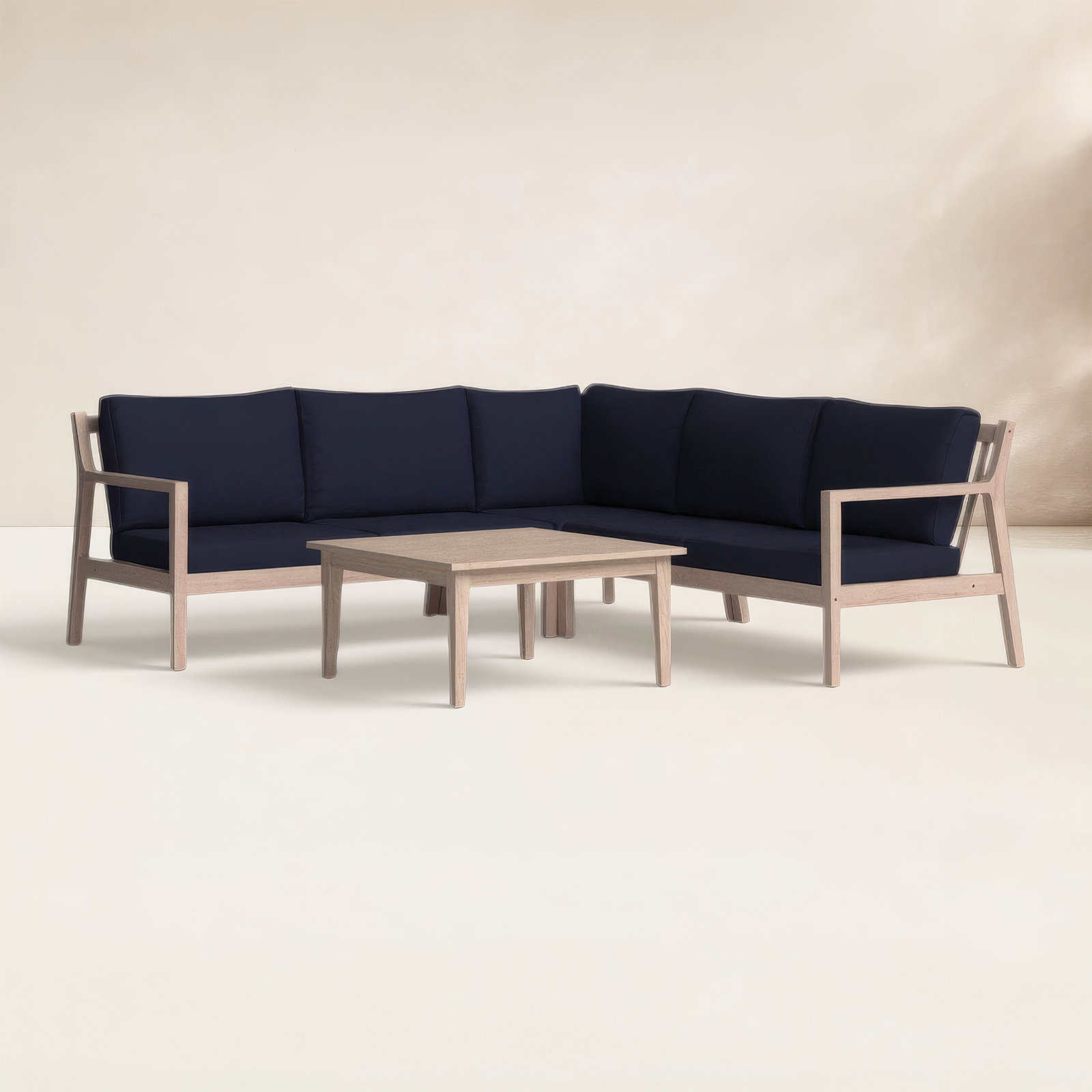 Amina 54" Outdoor Acacia Symmetrical Sectional Seating Group, Navy Performance Olefin