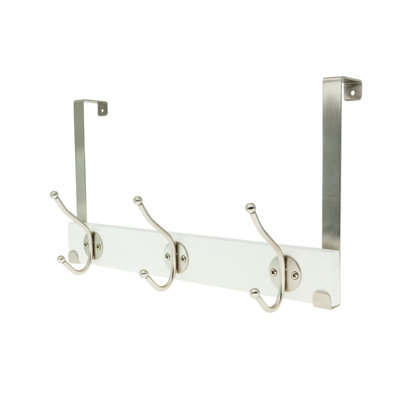  Cintre en bois à double usage avec 3 crochets ronds de couleur blanche, porte-serviettes derrière / au-dessus de la porte pour la salle de bain, portemanteau mural robuste, sans perçage